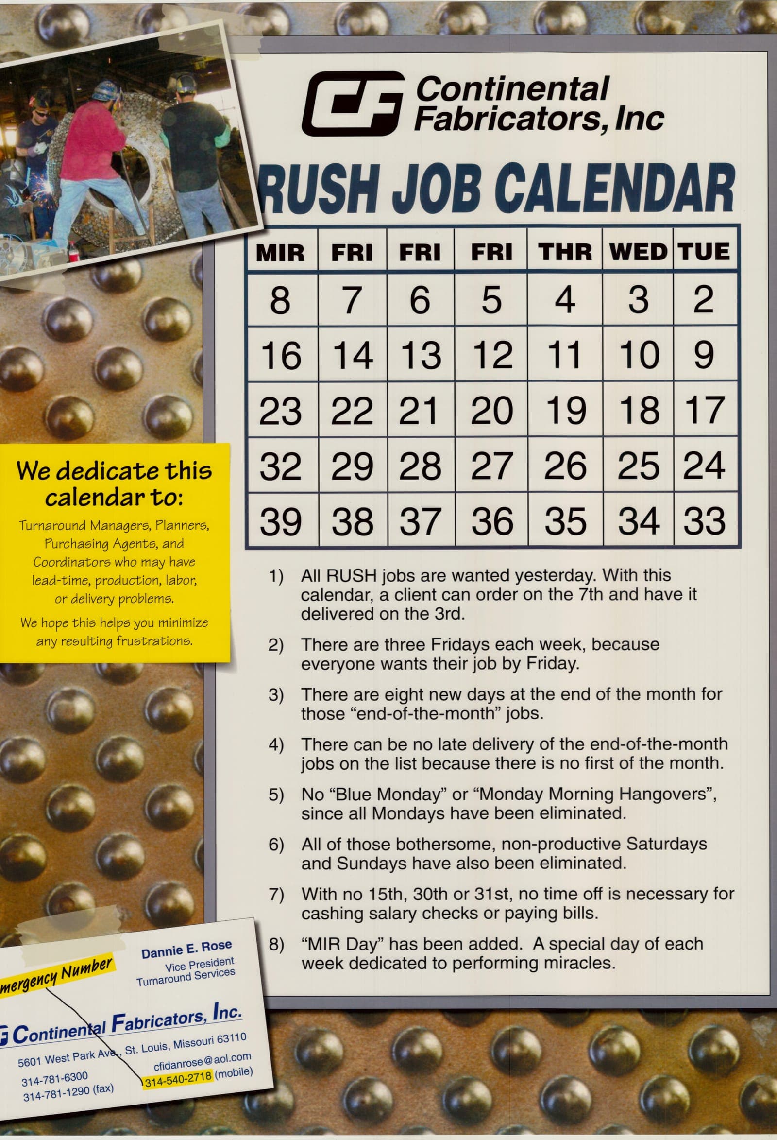 Continental Fabricators rush job calendar
